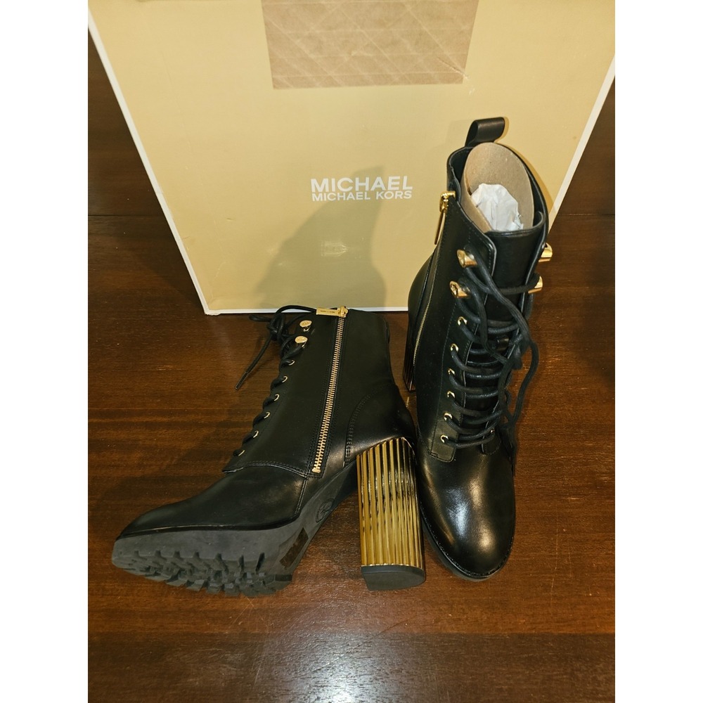 NEW MICHAEL KORS BLACK PORTER LEATHER LACE UP ZIP GOLD HEEL BOOTS SZ 8.5 - Picture 7 of 10